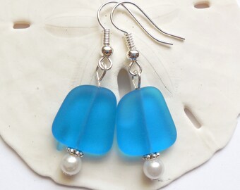 Capri Blue Sea Glass Earrings, Sea Glass Jewelry, Seaglass Earrings, Blue Beach Glass Jewelry,  Blue Beach Glass Earrings. Free U.S.Shipping