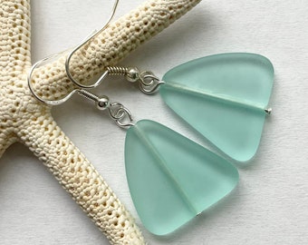 Large Turquoise Green Sea Glass Earrings, Beach Jewelry,Beach Glass Earrings, Seaglass Jewelry, Beach Wedding.Free US Ship