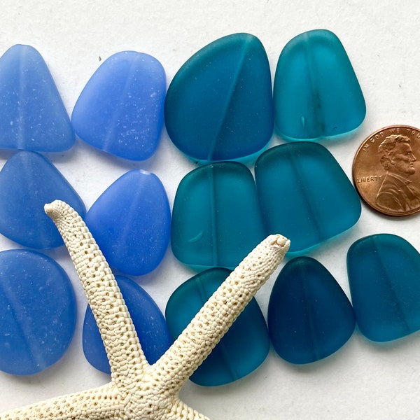 Large Cultured Sea Glass Beads 18-22 mm assorted Blue beach glass for Jewelry Making. Predrilled free-form flat glass beads.Free US Shipping