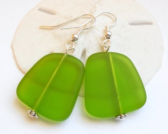 Large Lime Green Sea Glass Earrings,Beach Jewelry, Beach Glass Earrings, Seaglass Jewelry, Beach Wedding, Green Earrings. FREE US SHIPPING
