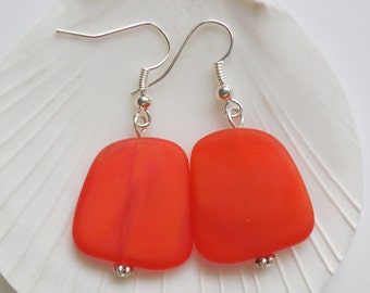 Large Marbled Orange Sea Glass Earrings,Beach Jewelry,Beach Glass Earrings,Seaglass Jewelry,Tangerine Earrings. Free US Shipping