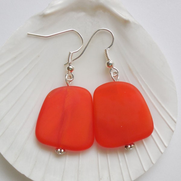 Large Marbled Orange Sea Glass Earrings,Beach Jewelry,Beach Glass Earrings,Seaglass Jewelry,Tangerine Earrings. Free US Shipping