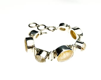 golden rutilated quartz sterling silver link bracelet, toggle clasp adjustable 7.65-9 inches