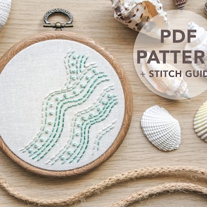 Beach Wave Embroidery PDF Pattern with Step-by-Step Stitch Guide DIY Hand Embroidery Hoop Art for Beginners image 1