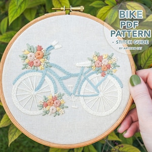 Florales Fahrrad Handstickerei Muster mit Stichanleitung (PDF Download) Stickdatei für Anfänger, Sticken lernen, Fahrrad mit Blumen