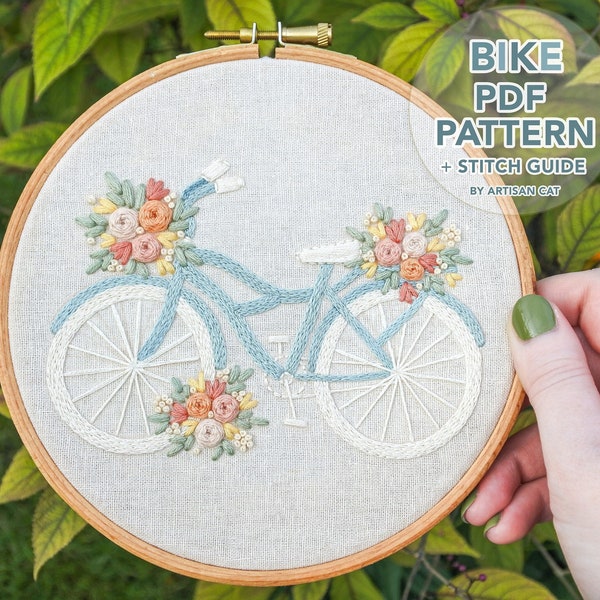 Floral Bike Hand Embroidery Pattern with Stitch Guide (PDF Download) DIY Embroidery for Beginners, Learn to Embroider, Bicycle with Flowers