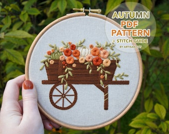 Autumn Floral Wagon with Pumpkins Hand Embroidery Pattern & Stitch Guide (PDF Download) - DIY Embroidery for Beginners, Cosy Fall Decor