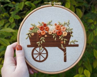 Autumn Floral Wagon with Pumpkins Hand Embroidery Hoop Art (6") | Cosy Fall Home Decor, Autumnal Nature Decorations