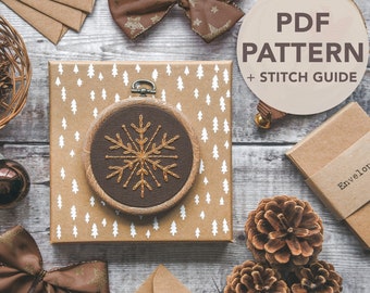 Winter Snowflake Hand Embroidery Pattern with Stitch Guide (PDF Download) - DIY Christmas Embroidery Project for Beginners, Christmas Decor
