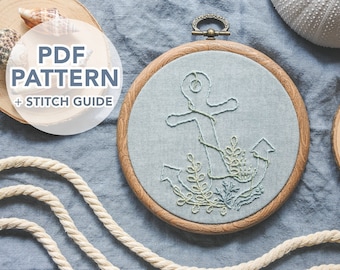 Underwater Anchor Hand Embroidery Pattern with Stitch Guide (PDF Download) - DIY Embroidery for Beginners, Coastal Decor, Nursery Wall Decor