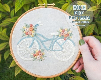 Floral Bike Hand Embroidery Pattern with Stitch Guide (PDF Download) DIY Embroidery for Beginners, Learn to Embroider, Bicycle with Flowers