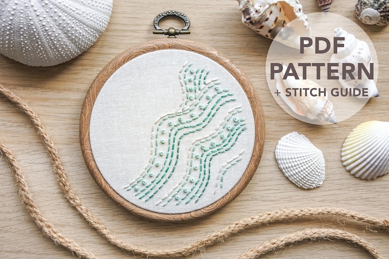 Beach Wave Embroidery PDF Pattern with Step-by-Step Stitch Guide DIY Hand Embroidery Hoop Art for Beginners image 1