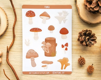 Fungi Mushroom Sticker Sheet - Aesthetic Whimsical Cottagecore Art, Forestcore Nature Themed Stickers for Journals / Planners / Scrapbooks