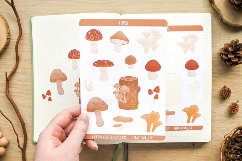 Fungi Mushroom Sticker Sheet Aesthetic Whimsical Cottagecore Art, Forestcore Nature Themed Stickers for Journals / Planners / Scrapbooks image 8