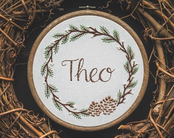 Personalised Name Hand Embroidery Hoop Art - Winter Wreath | Personalised Gift, Custom Name Embroidery, Nursery Decor, Seasonal Home Decor
