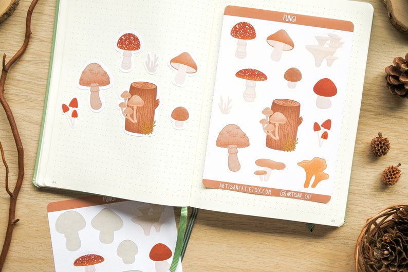 Fungi Mushroom Sticker Sheet Aesthetic Whimsical Cottagecore Art, Forestcore Nature Themed Stickers for Journals / Planners / Scrapbooks image 9