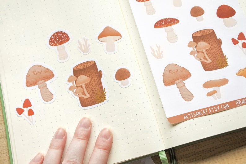 Fungi Mushroom Sticker Sheet Aesthetic Whimsical Cottagecore Art, Forestcore Nature Themed Stickers for Journals / Planners / Scrapbooks image 5