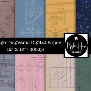 Vintage Mechanische Blauwdruk Grafiek Diagram Digitale Papers, Commercieel Gebruik Instant Download Digital Design Paper Pack