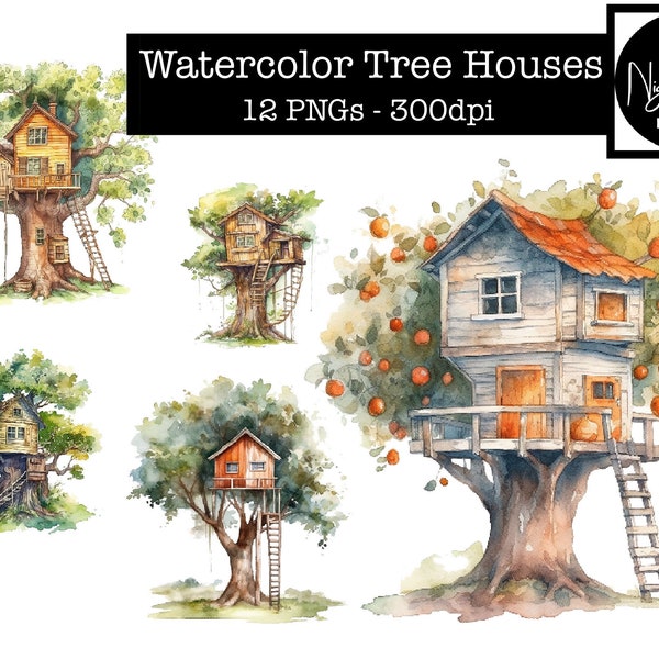 Aquarelle Tree House PNGs - Clipart mignon, Affiche, Planificateur numérique, Papercrafts, Été, Treehouse