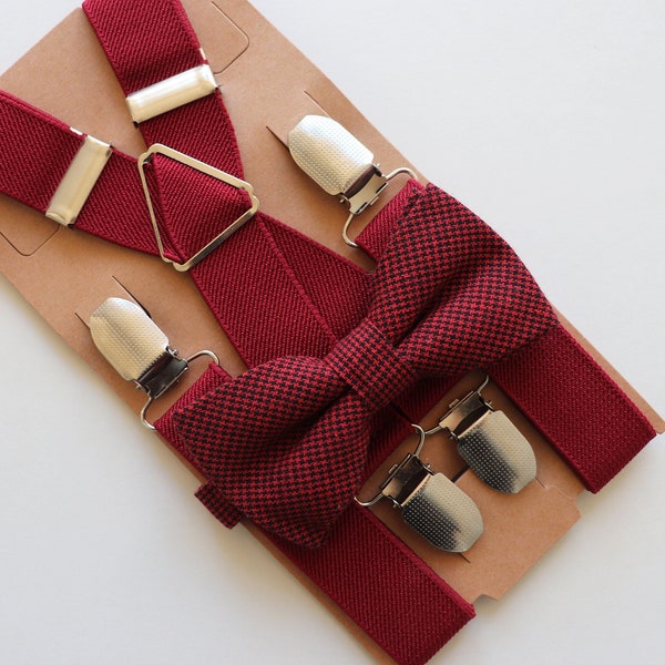 Holiday bow tie and suspenders, Christmas bow tie, Groomsmen bow tie, Wine red bow tie suspenders, Wedding suspenders, gingham Bow tie, prom