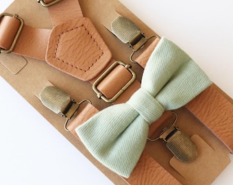 Agave Bow Tie & Tan Vegan Leather Suspenders Set