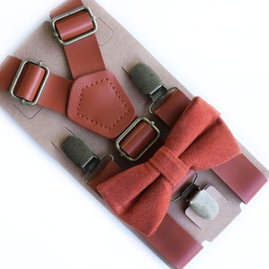 Terracotta bow tie and rust leather suspenders, Rust bow tie, Terracotta bow tie, Rust wedding suspenders, Terracotta bow tie for men & boys