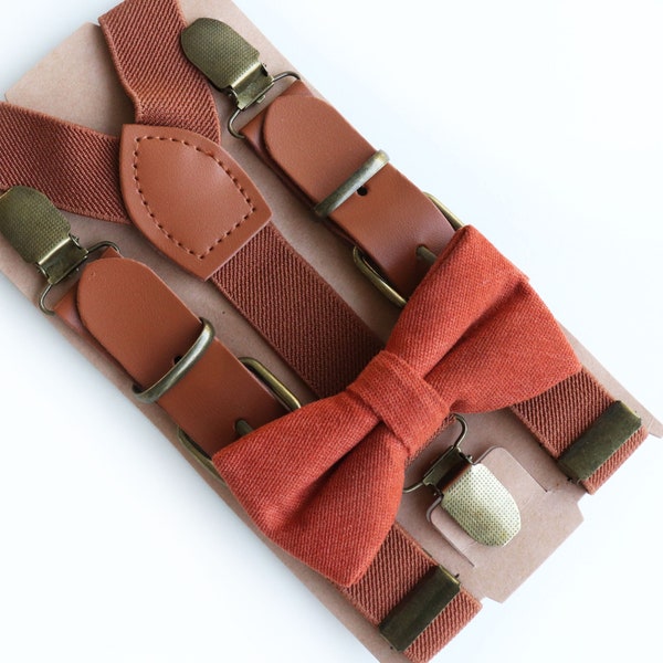 Terracotta bow tie and buckle suspenders, Rust bow tie, Terracotta groomsmen bow tie, Rust wedding suspenders, Terracotta bow tie for boys