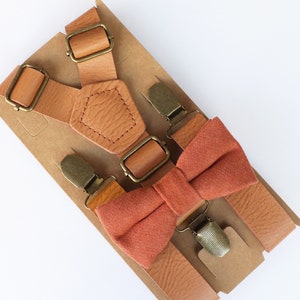 Terracotta bow tie and leather suspenders, Rust bow tie, Terracotta groomsmen bow tie, Rust wedding suspenders, Terracotta bow tie for boys