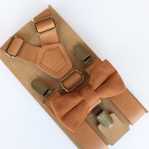 Rust bow tie and tan leather suspenders, Rust bow tie, Burnt orange groomsmen bow tie, Rust wedding suspenders, Terracotta bow tie for boys