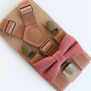 Dusty Rose bowtie and tan leather suspenders, Dusty rose bowtie, Groomsmen bowtie, tan suspenders, dusty rose wedding bowtie for men & boys