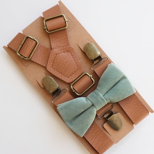 Sage green bow tie and tan leather suspenders set-Sage green groomsmen bow tie and suspenders set-Mix and match bow tie and suspenders set.