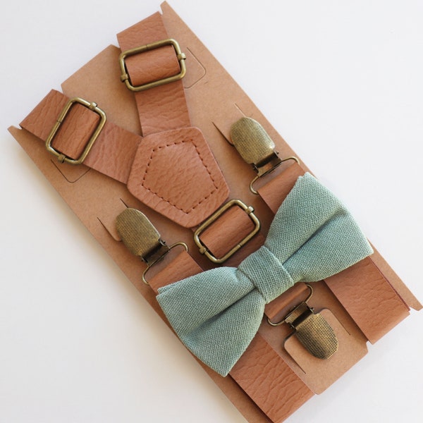 Sage green bow tie and leather suspenders, Sage green groomsmen bow tie,Sage green wedding suspenders,Sage green bow tie for boys