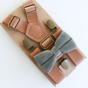 Eucalyptus bowtie and tan leather suspenders, eucalyptus bowtie for groomsmen-wedding, tan suspenders, eucalyptus bowtie for men & boys