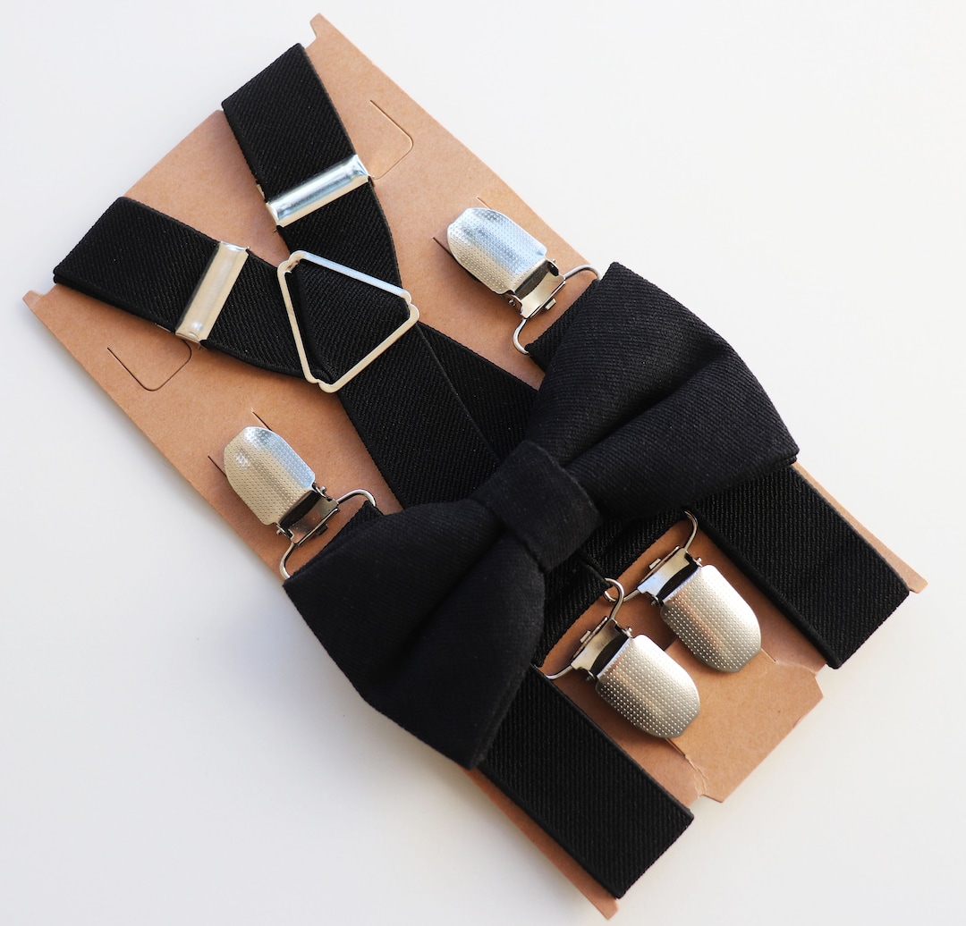 Black Bow Tie and Black Suspenders, Black Wedding Bow Tie, Black