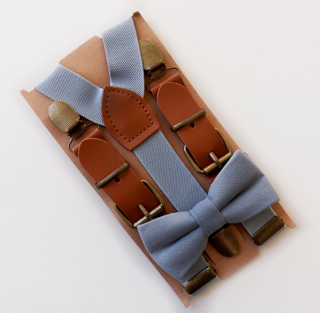 Dusty Blue Bow Tie and Buckle Suspenders, Dusty Blue Groomsmen Bow Tie