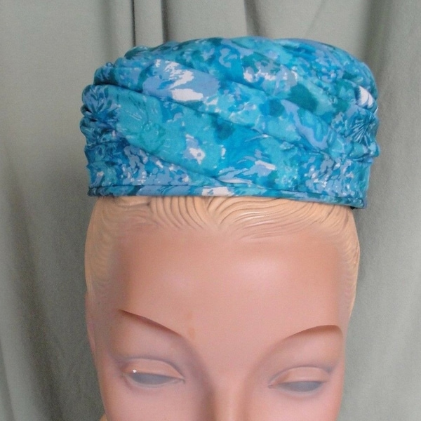 Cute Original Vintage 50s 60s Lucy Long Blue Floral Fabric Mini Pillbox Hat 18" Around Inside