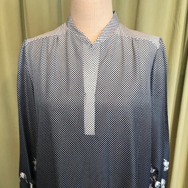 Cute Original Vintage 60s 70s Bud Fashions Poly Navy Blue Polka Dot  & Floral Tunic Top 3/4 Sleeve Size 40