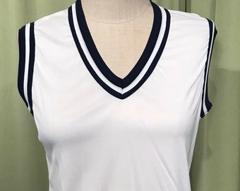 Schattige originele Vintage 70's wit &navy nylon mouwloze pullover topmaat L buste 36 ooit zo licht vergeelde schouders