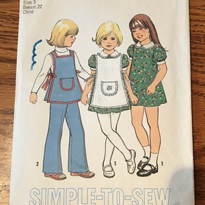 Original Vintage 1975 Simplicity Childs Dress or Apron and Pants Pattern 7064 Size 3  Partially Cut & Complete w Instructions