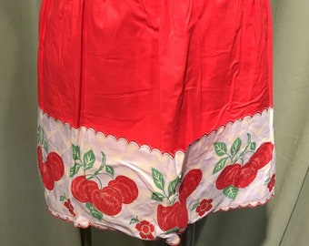 Sweet Original Vintage Red White Cotton Half Apron with Cherry Print Plus Three Pockets and Scalloped Edge