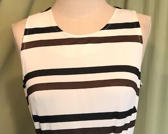 Cute Vintage 60s Striped Sleeveless Nylon Belted Shift Dress Brown Black White Horizontal Stripes Bust 36 Waist 34