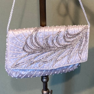 Chic Original Vintage White Satin Beaded Evening Shoulder Bag or Clutch Purse