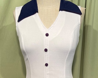 Cute Vintage 60s Navy Blue & White Polyester Sleeveless Dress Big Collar Drop Waist Bust 32 Waist 26