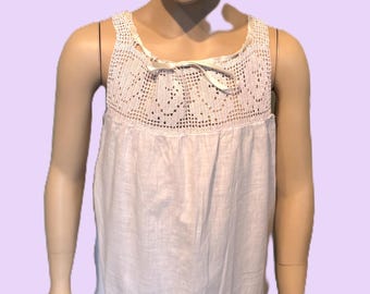Original Vintage 20s-30s Girl's White Cotton Slip Chemise Dress Crocheted Yoke & Hem Bust 26