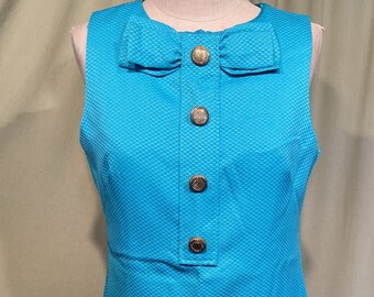 Sweet Original Vintage 90s Does 60s Turquoise Blue Sleeveless Shift Dress w Big Bow Tag Size 10 Bust 36 Waist 34