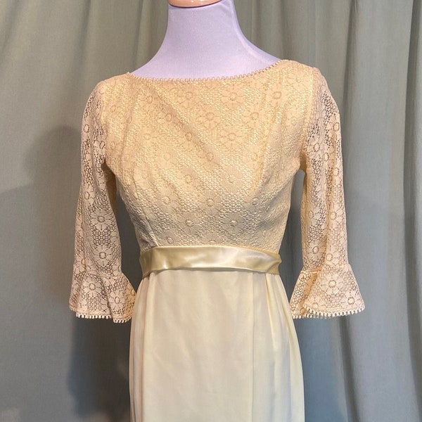 Sweet Original Vintage Mod 60s Sunny Yellow Formal Gown Bridesmaid Dress w Removable Lace Train Bust 32" Empire Waist 25"