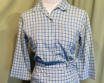 Cute Original Vintage 60s Blue Gray Plaid Cotton Blend Straight Skirt & Matching 3/4 Sleeve Blouse Bust 34 Waist 23