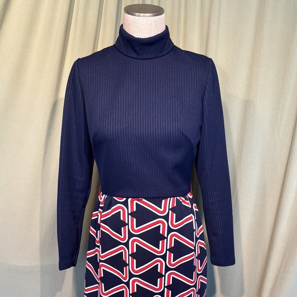 Cute Original Vintage 70s PLW Blue, Red & White Polyester Long Sleeve Maxi Dress w Geometric Print Skirt Bust 36 Waist 26