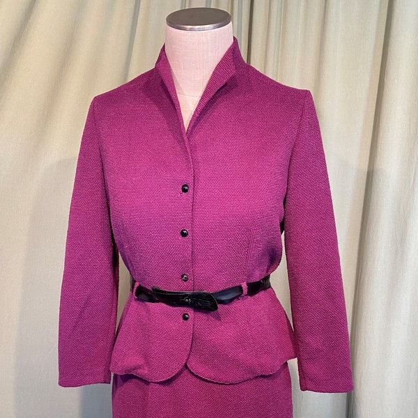 Cute Original Vintage 80s Does 40s Nubby Raspberry Purple Polyester Skirt Suit Bust 34 Waist 28-34