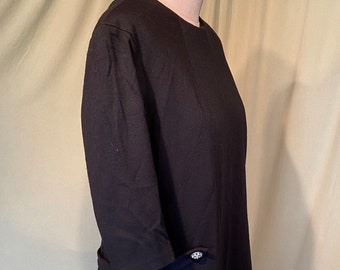 Sweet Original Vintage 60s Black Wool Blend Tunic Top 3/4 Sleeve w Rhinestone Button Trim Bust 44 Waist 40